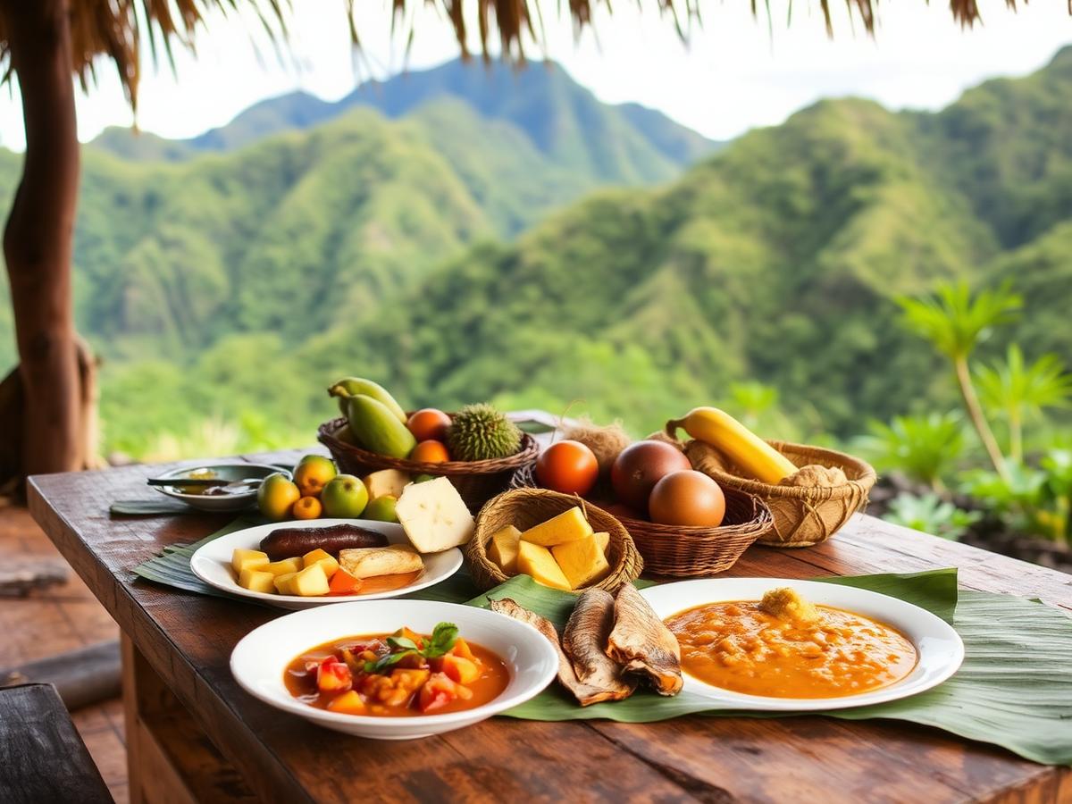 Fijian organic farm lunch of fruit, root crops and curries served on banana leaves with mountain views