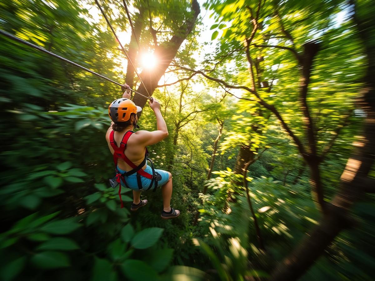 Guest ziplining through a green jungle canopy in Fiji wearing helmet and harness